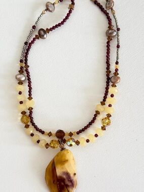 Handcrafted necklace.Yellow Jasper, fluorite & purple glass beads .